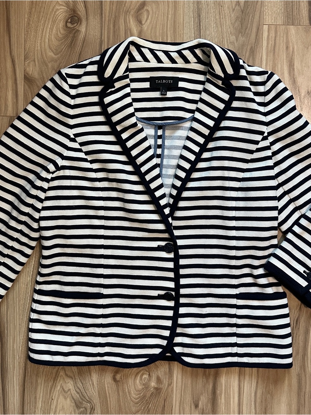 Talbots Navy White Striped Blazer Jacket Coat 3/4 Sleeves Large L Nautical Women - Picture 2 of 11